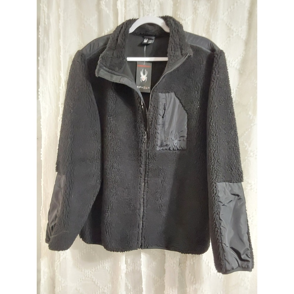 Spyder Mens Black‎ Sherpa Fleece Full Zip Jacket Technical Overlay Large NWT